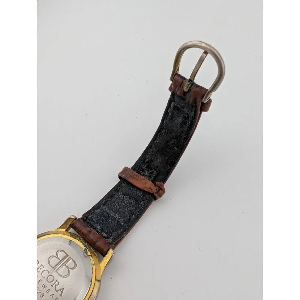 Vintage Becora Watch Women 25mm Gold Case Brown Leather Band-‎ New Battery